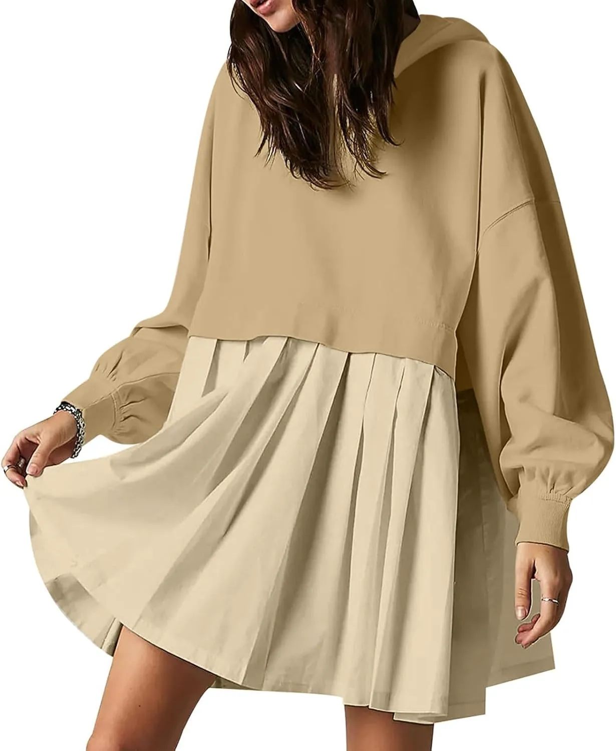 Womens Dress Fall 2024 Long Sleeve Front A Line Pleated Cute Patchwork Sweatshirt Dress Casual Babydoll Mini Dresses
