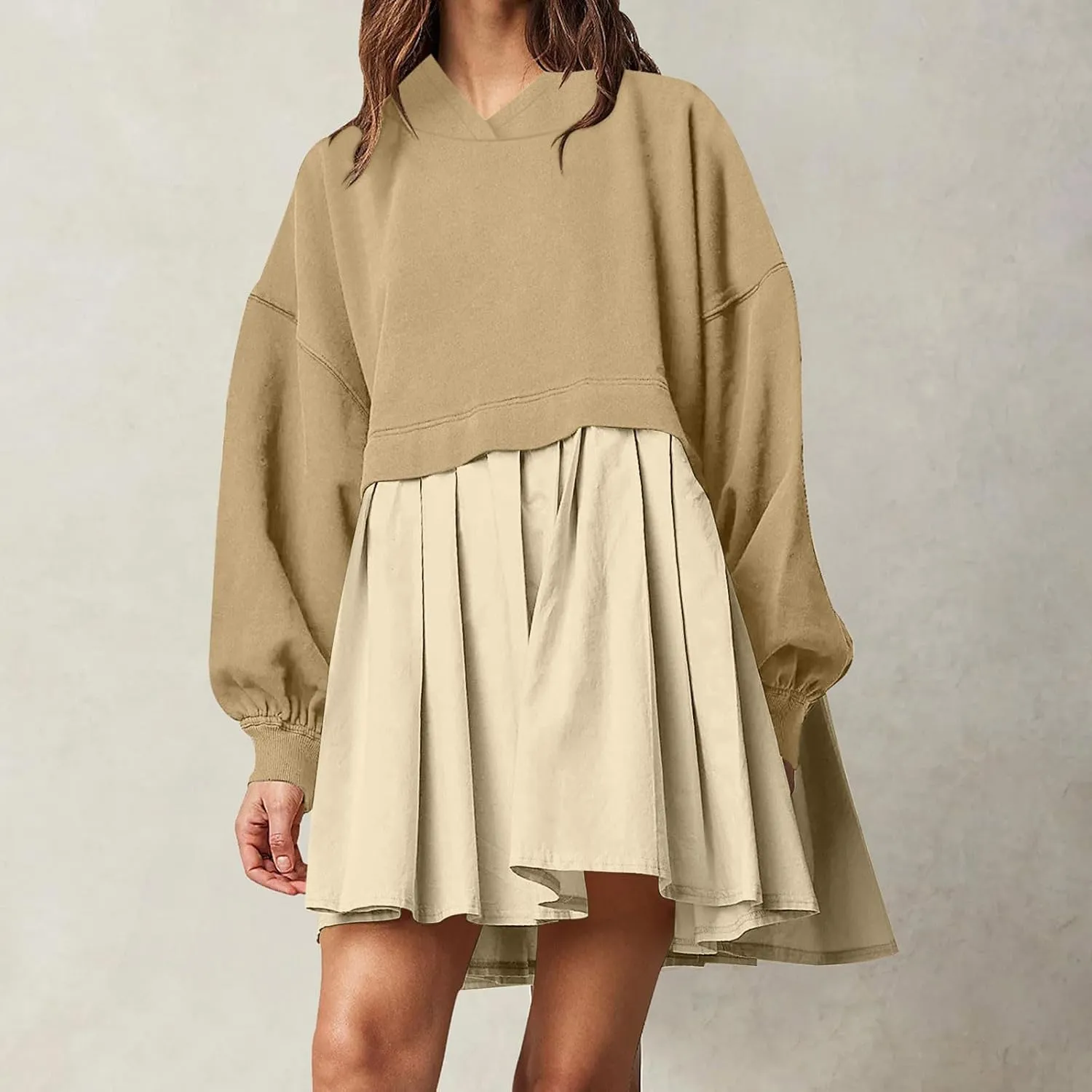Womens Dress Fall 2024 Long Sleeve Front A Line Pleated Cute Patchwork Sweatshirt Dress Casual Babydoll Mini Dresses
