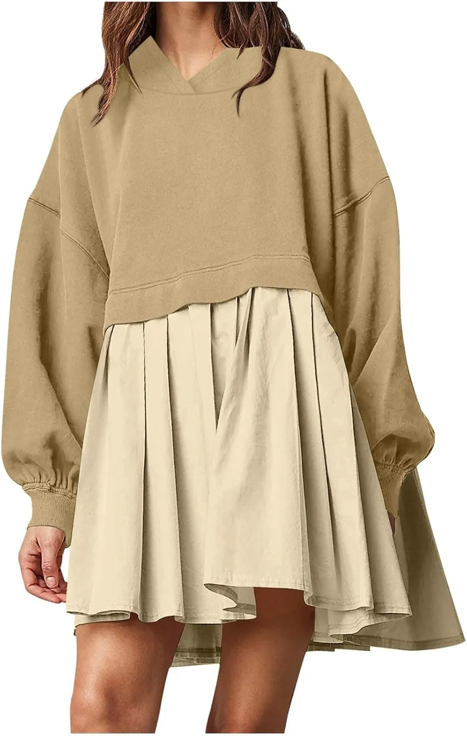 Womens Dress Fall 2024 Long Sleeve Front A Line Pleated Cute Patchwork Sweatshirt Dress Casual Babydoll Mini Dresses