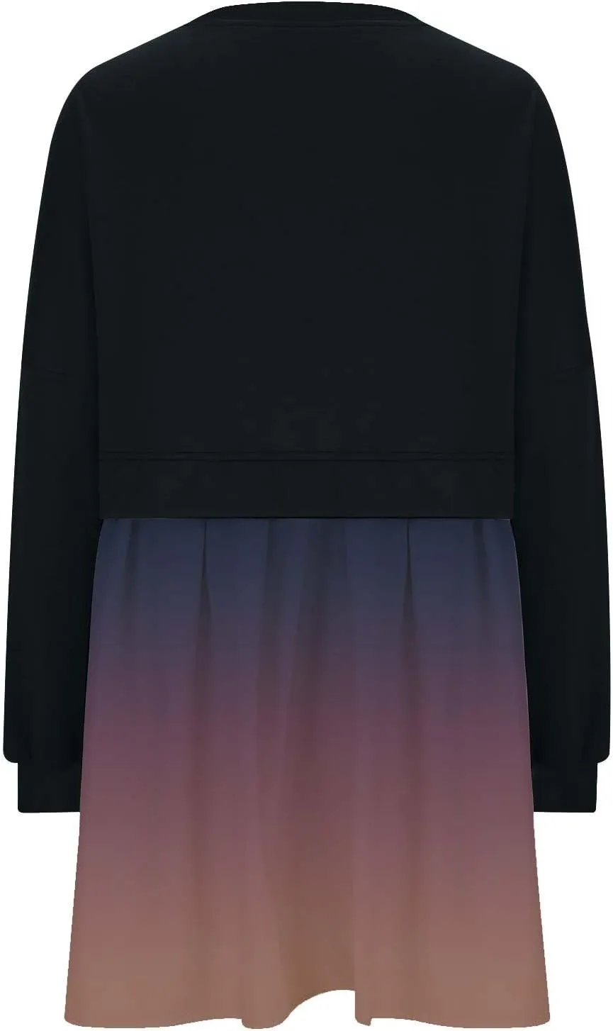 Womens Dress Fall 2024 Long Sleeve Pleated A Line Swing Patchwork Gradient Dress V-Neck Casual Babydoll Mini Dresses