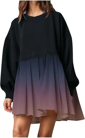 Womens Dress Fall 2024 Long Sleeve Pleated A Line Swing Patchwork Gradient Dress V-Neck Casual Babydoll Mini Dresses