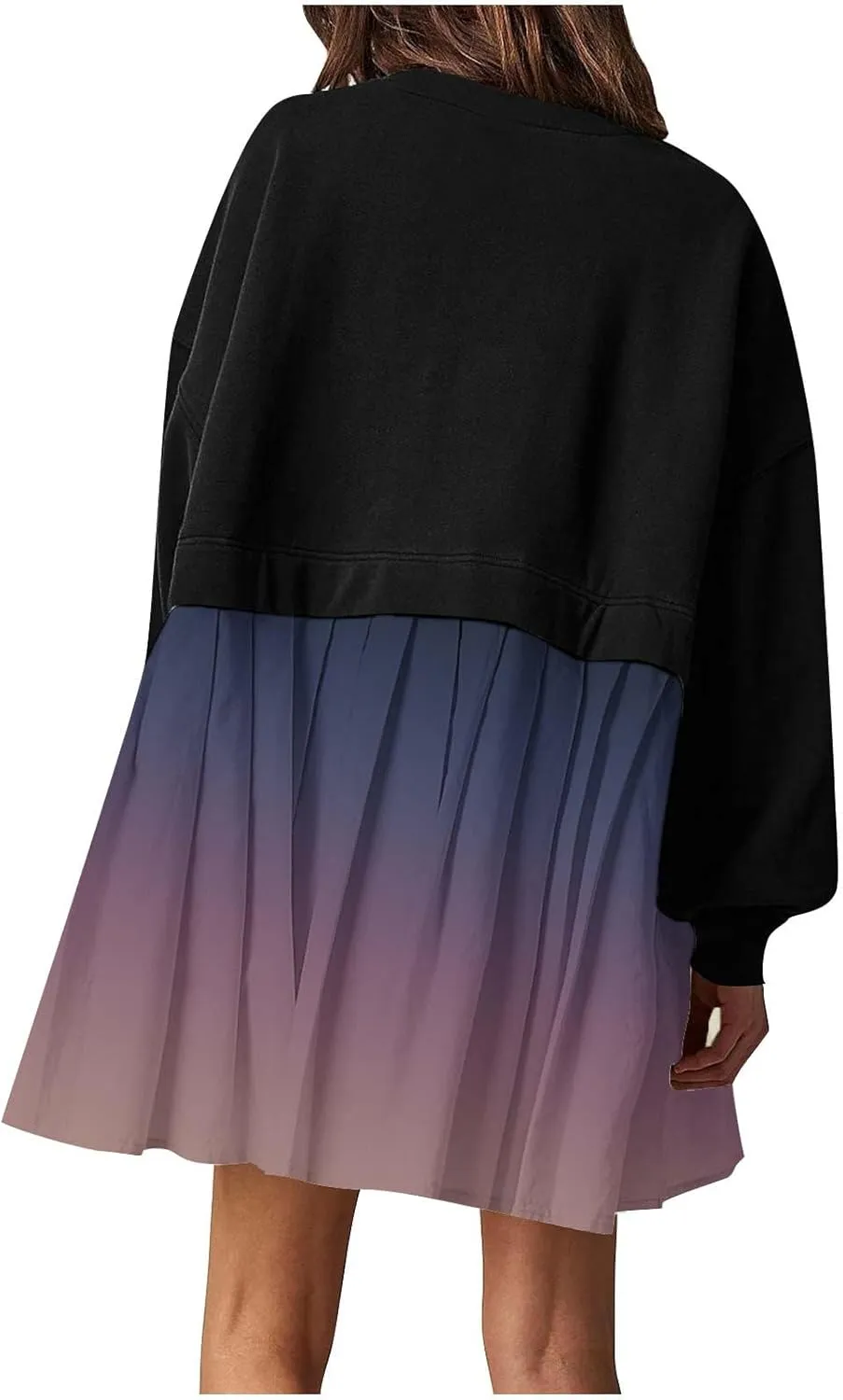Womens Dress Fall 2024 Long Sleeve Pleated A Line Swing Patchwork Gradient Dress V-Neck Casual Babydoll Mini Dresses