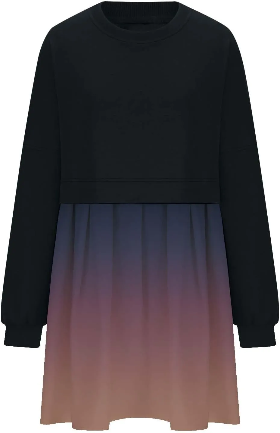 Womens Dress Fall 2024 Long Sleeve Pleated A Line Swing Patchwork Gradient Dress V-Neck Casual Babydoll Mini Dresses