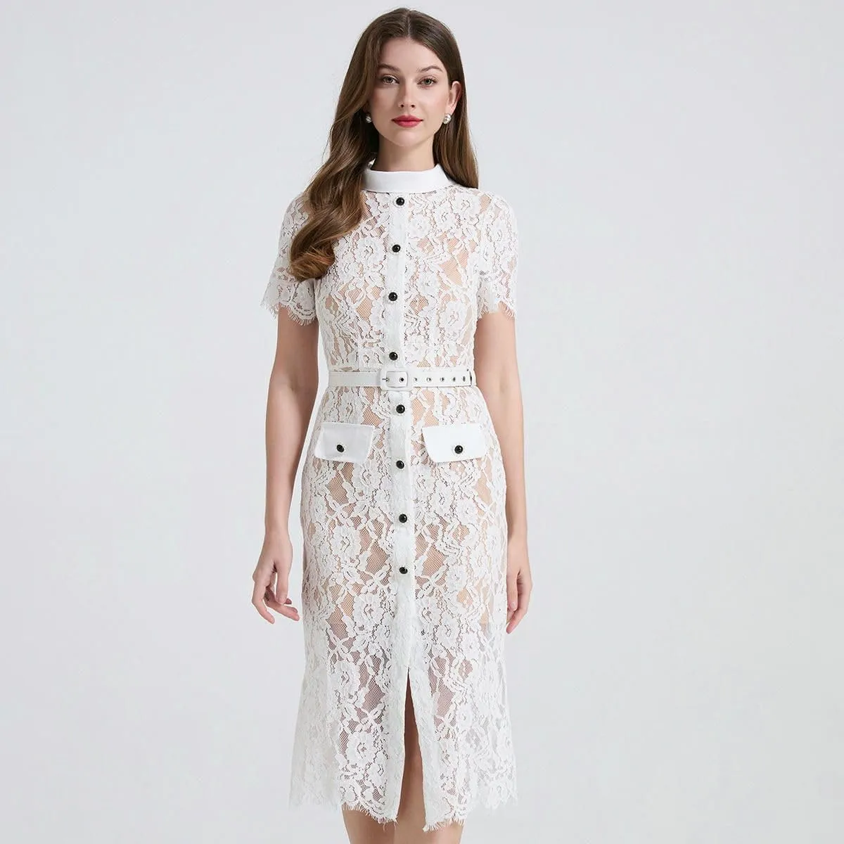 Women's Elegant Stretch Lace Paneled Short-Sleeve High-Waist Bodycon Dress