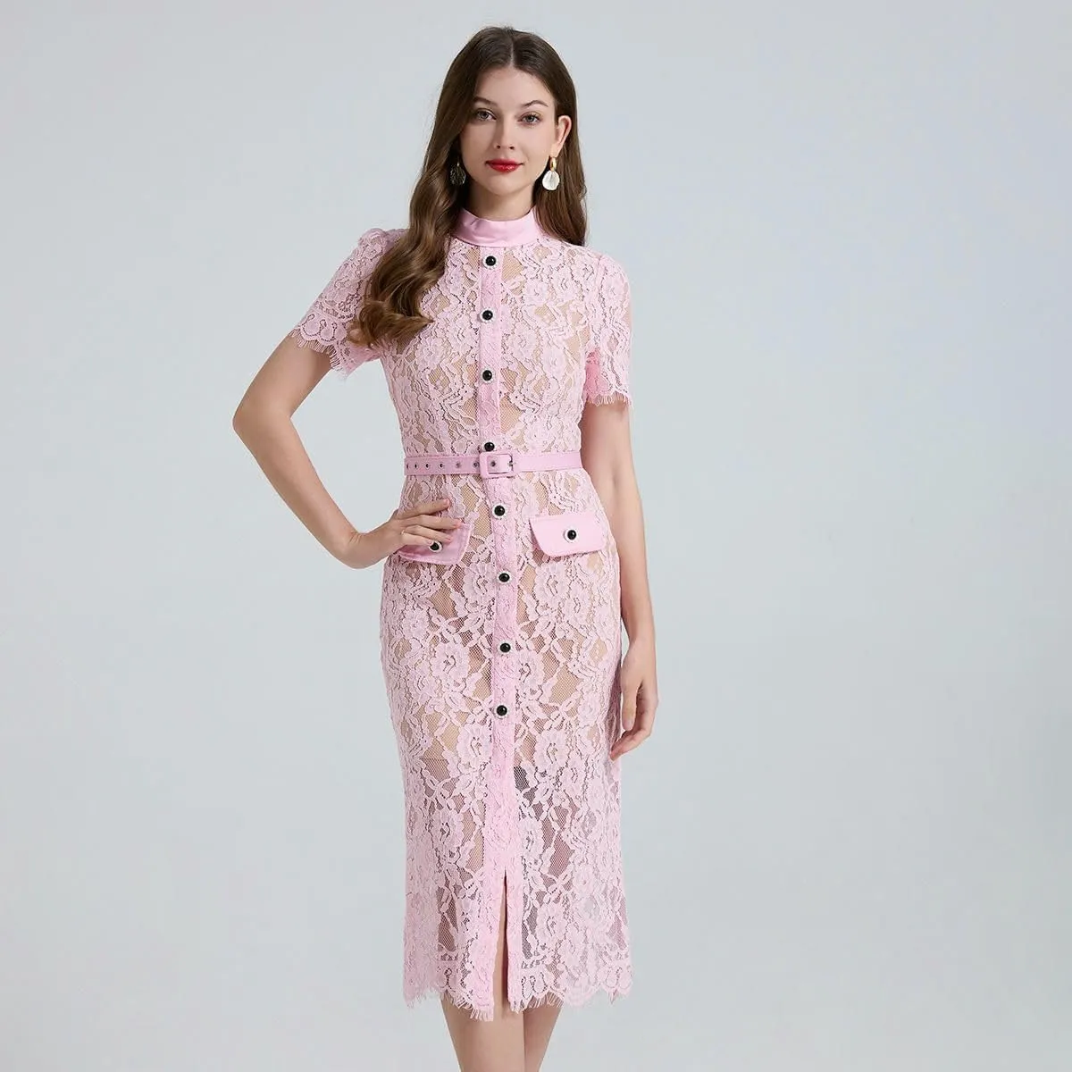 Women's Elegant Stretch Lace Paneled Short-Sleeve High-Waist Bodycon Dress