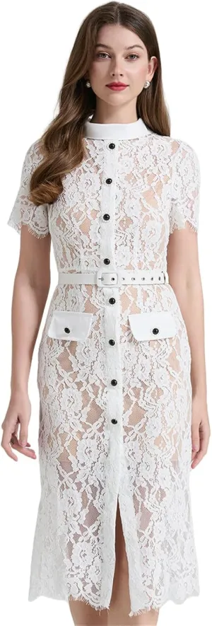 Women's Elegant Stretch Lace Paneled Short-Sleeve High-Waist Bodycon Dress