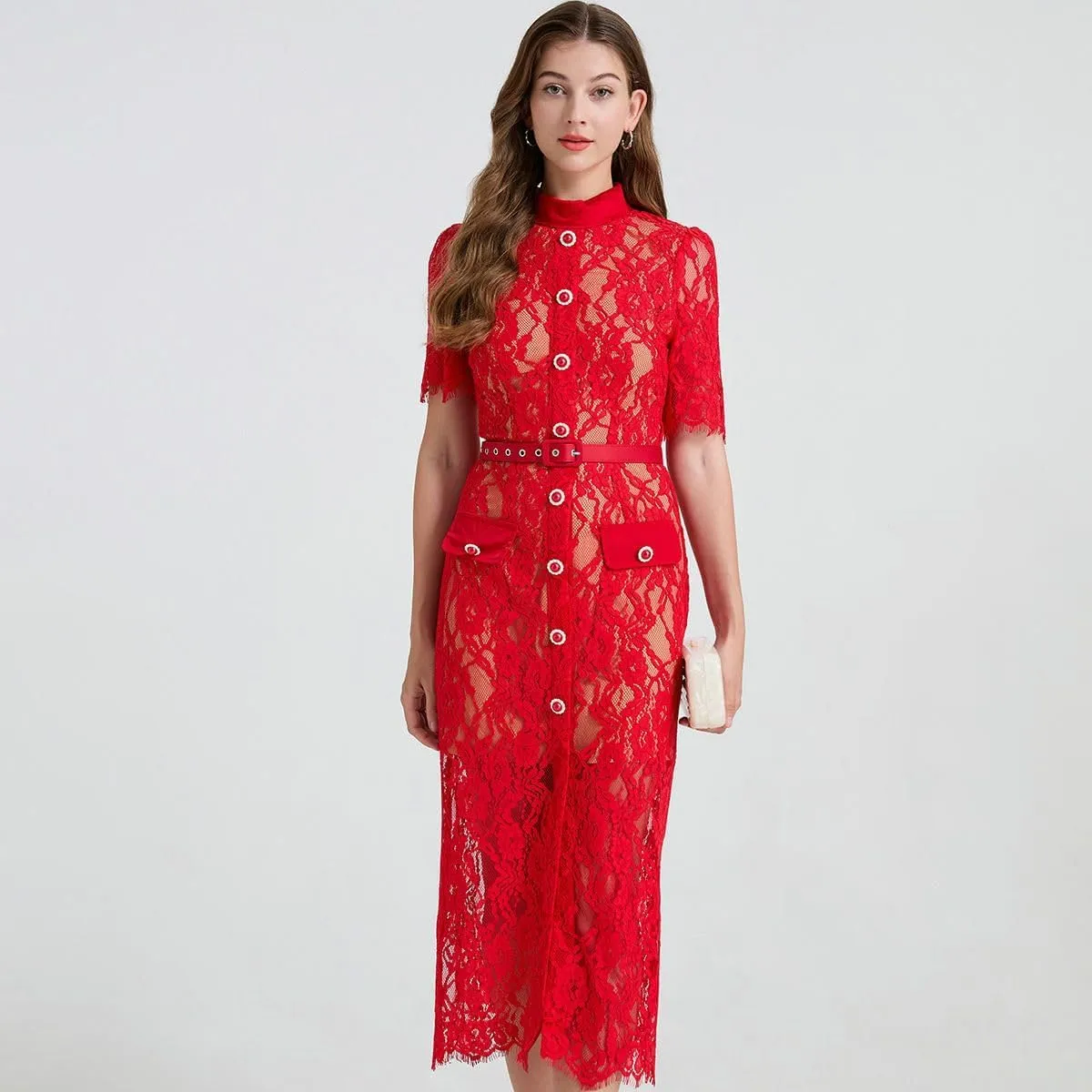 Women's Elegant Stretch Lace Paneled Short-Sleeve High-Waist Bodycon Dress