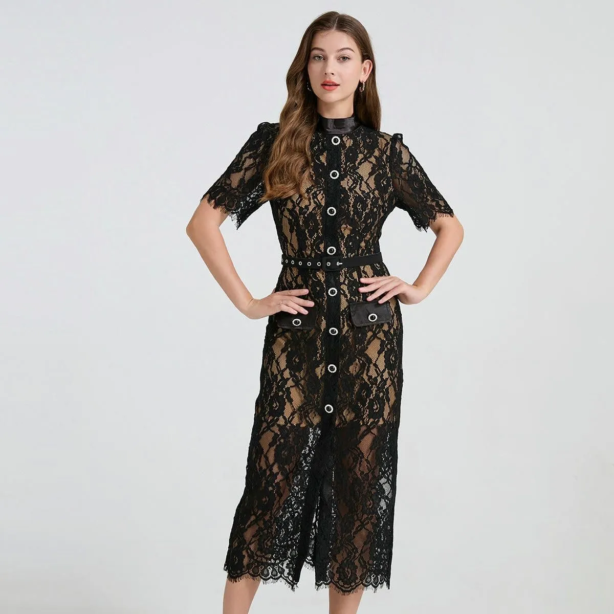 Women's Elegant Stretch Lace Paneled Short-Sleeve High-Waist Bodycon Dress