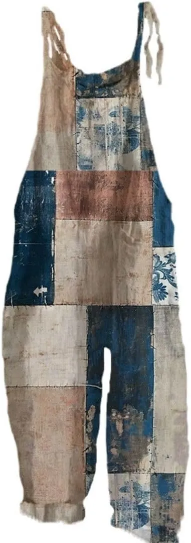 Womens Floral Overalls Sleeveless Spaghetti Strap Boho Printed Jumpsuits Wide Leg Bib Romper with Pockets
