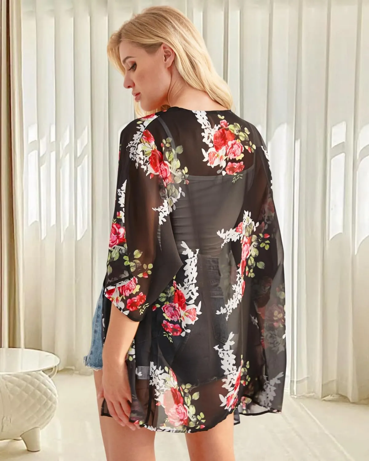 Women's Floral Print Puff Sleeve Kimono Cardigan Loose Cover Up Casual Blouse Tops