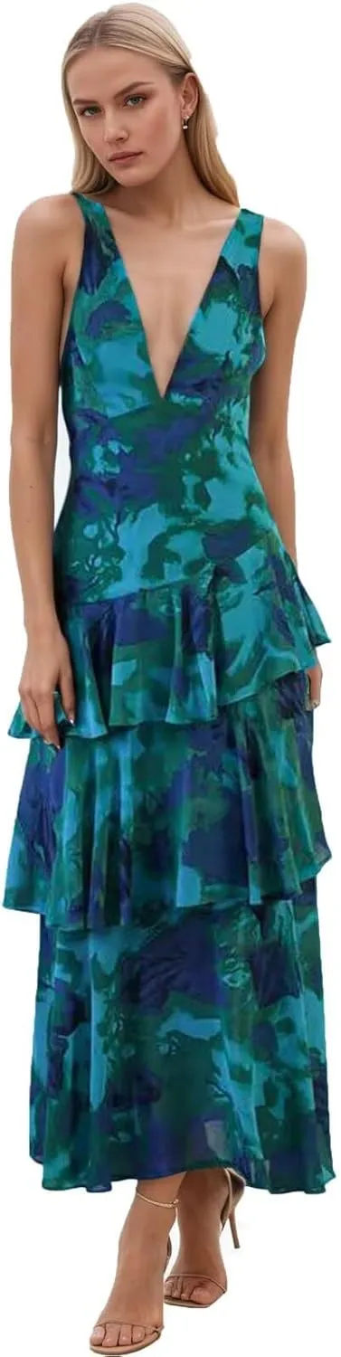 Women's Floral Prom Dresses Spaghetti Straps A Line Formal Maxi Dress Patchwork Satin Gown