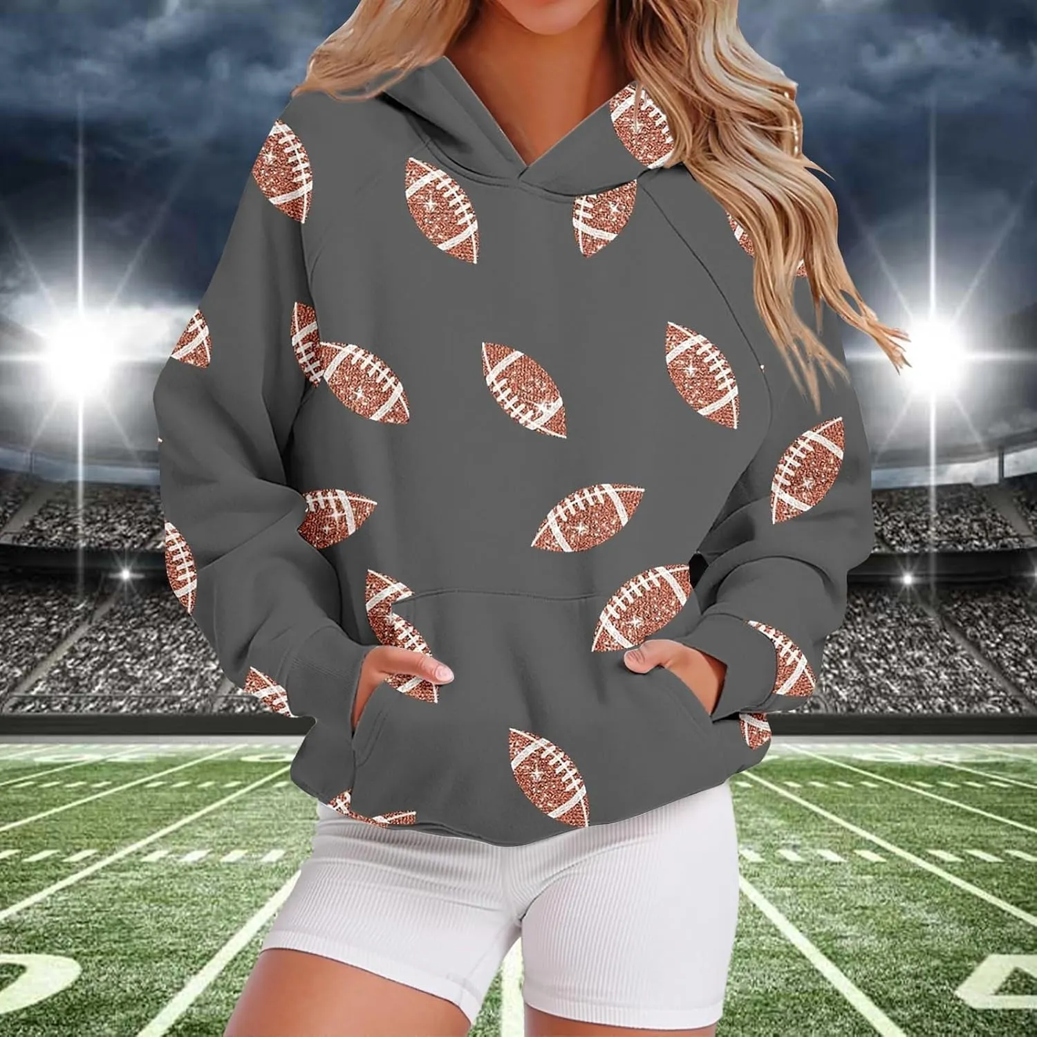 Womens Football Sequin Y2k Sweatshirt Crewneck Letter Graphic Pullover Long Sleeve Sweatshirt for Women 2024