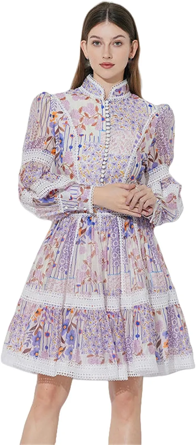 Women's French Elegant Lace Paneled Printed Waist-Cinching Lantern Sleeve Dress