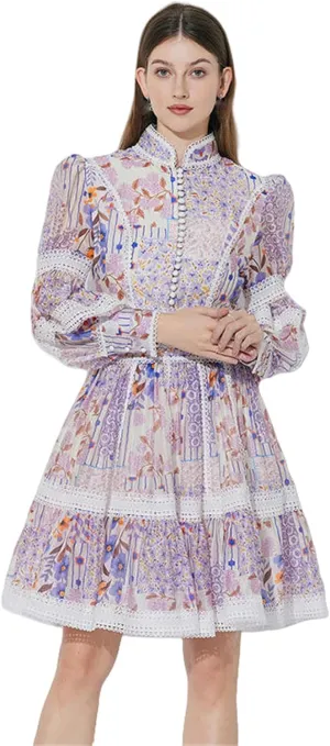 Women's French Elegant Lace Paneled Printed Waist-Cinching Lantern Sleeve Dress