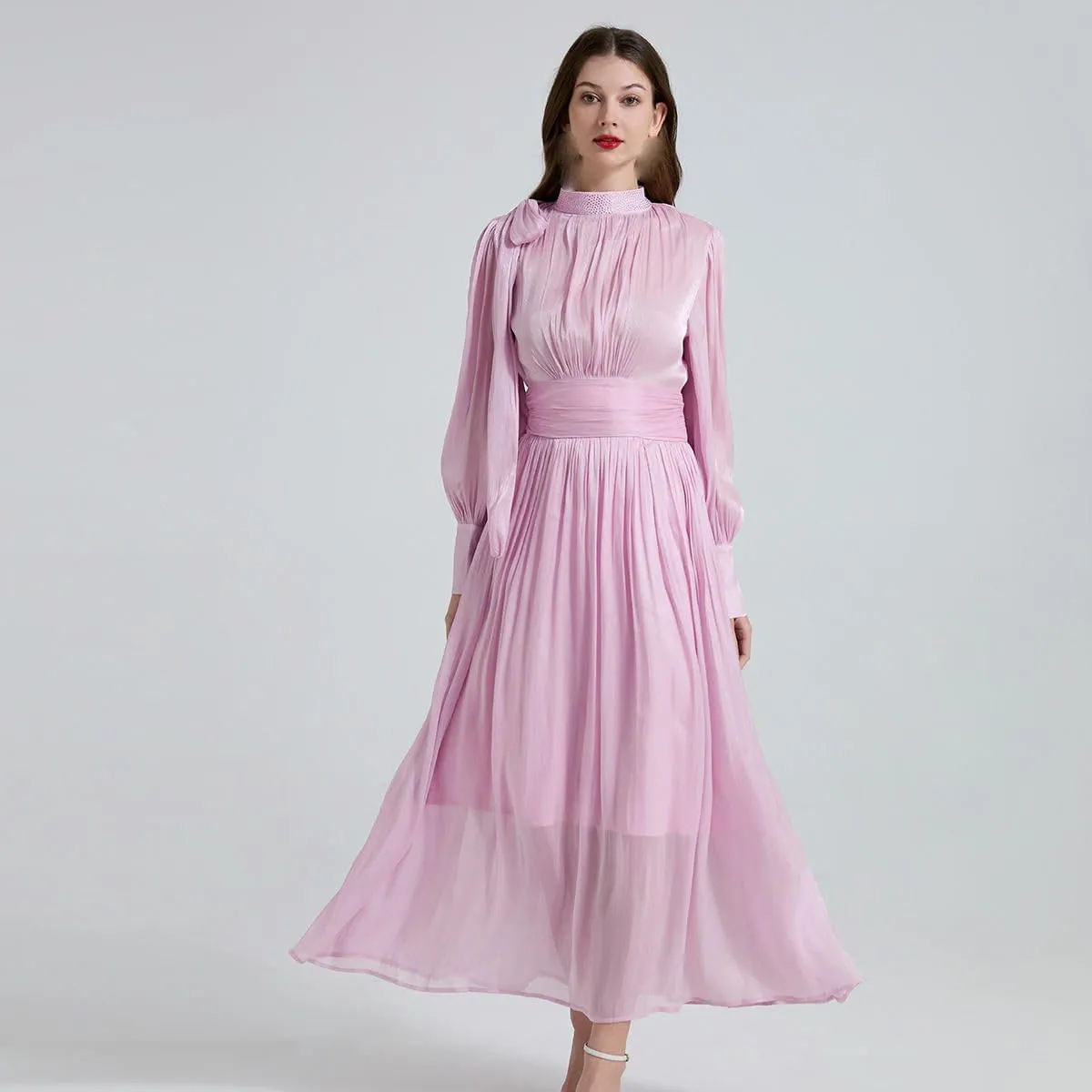 Women's French Romantic Glowing Pleats Bow Tie-Waist Dress Hot-Fix Stand Collar Flared Dress
