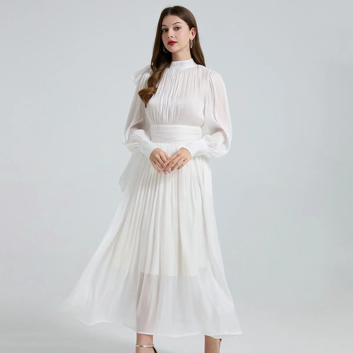Women's French Romantic Glowing Pleats Bow Tie-Waist Dress Hot-Fix Stand Collar Flared Dress