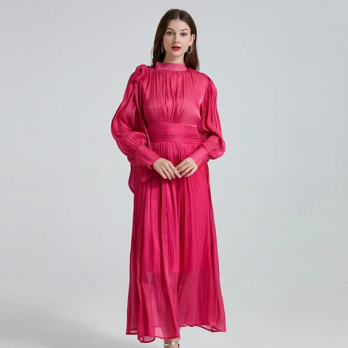 Women's French Romantic Glowing Pleats Bow Tie-Waist Dress Hot-Fix Stand Collar Flared Dress