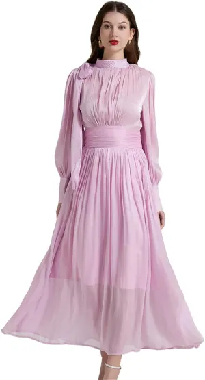 Women's French Romantic Glowing Pleats Bow Tie-Waist Dress Hot-Fix Stand Collar Flared Dress