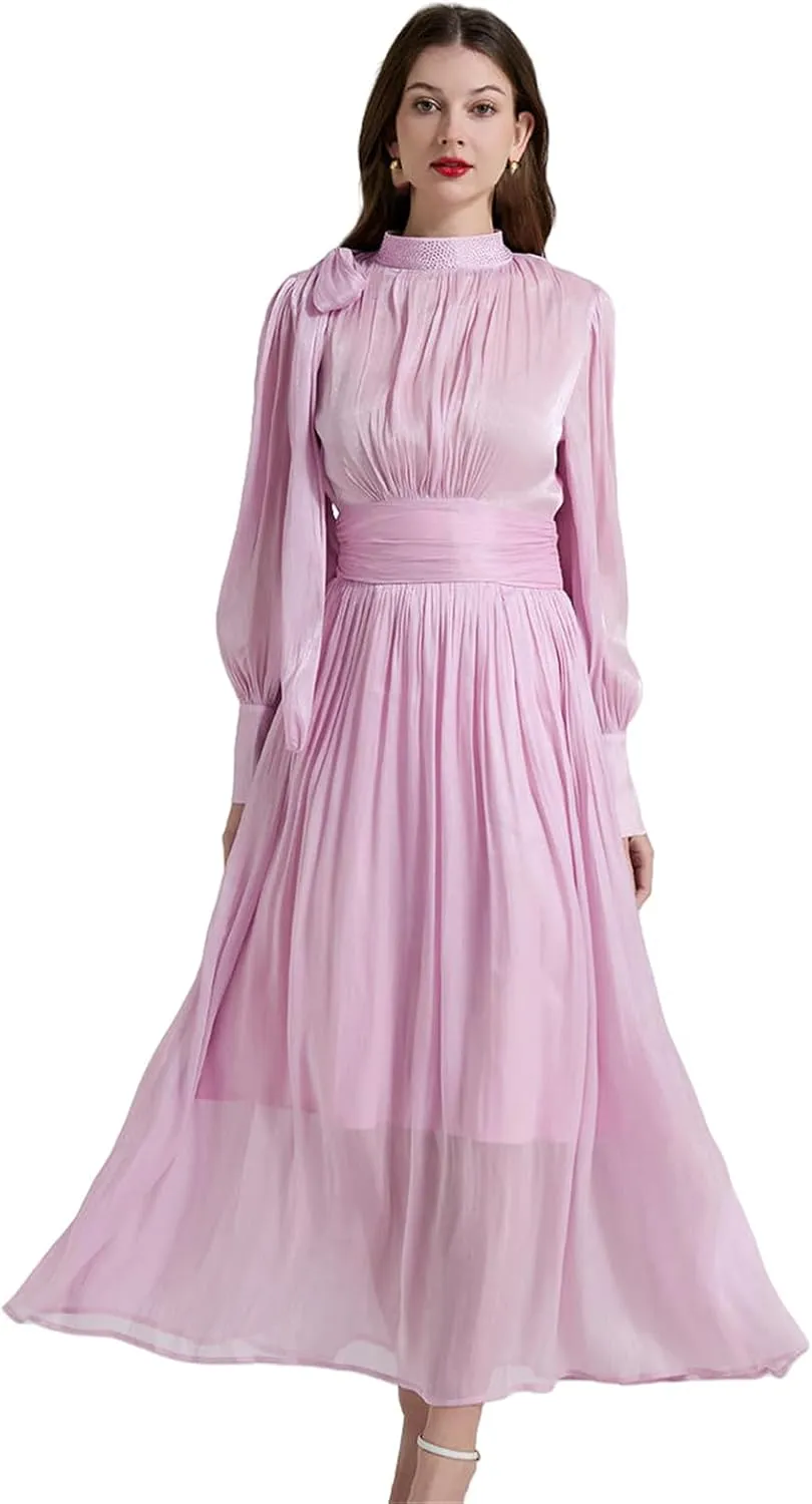 Women's French Romantic Glowing Pleats Bow Tie-Waist Dress Hot-Fix Stand Collar Flared Dress