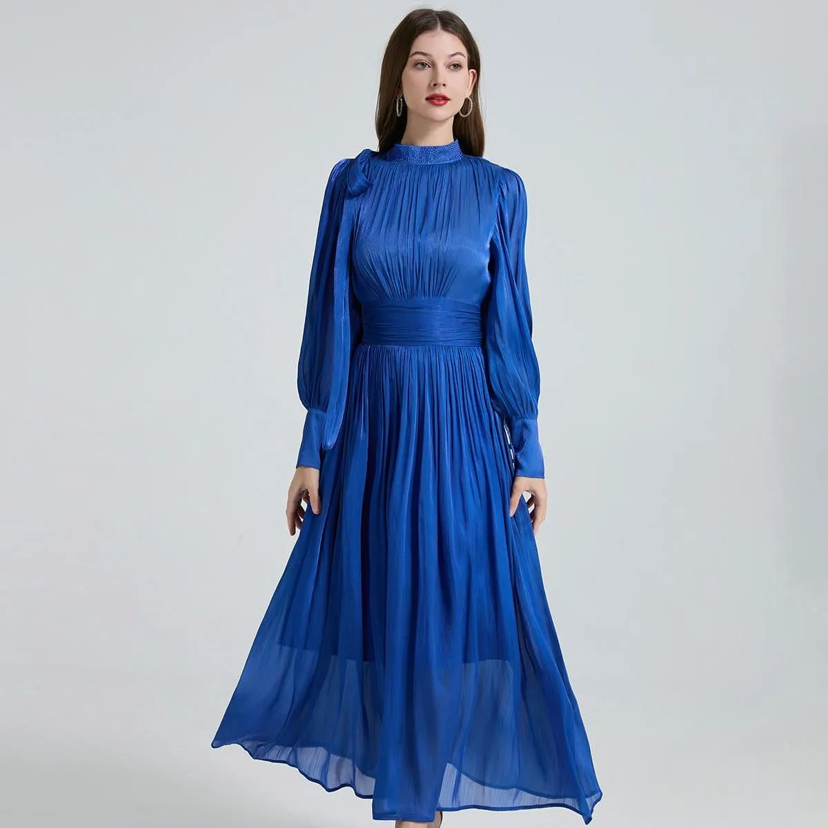 Women's French Romantic Glowing Pleats Bow Tie-Waist Dress Hot-Fix Stand Collar Flared Dress