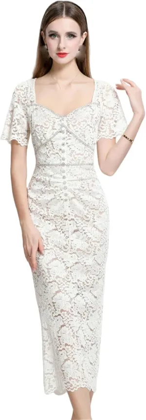 Women's French Vintage Square Neck Short-Sleeve Lace Slimming Dress with Slip