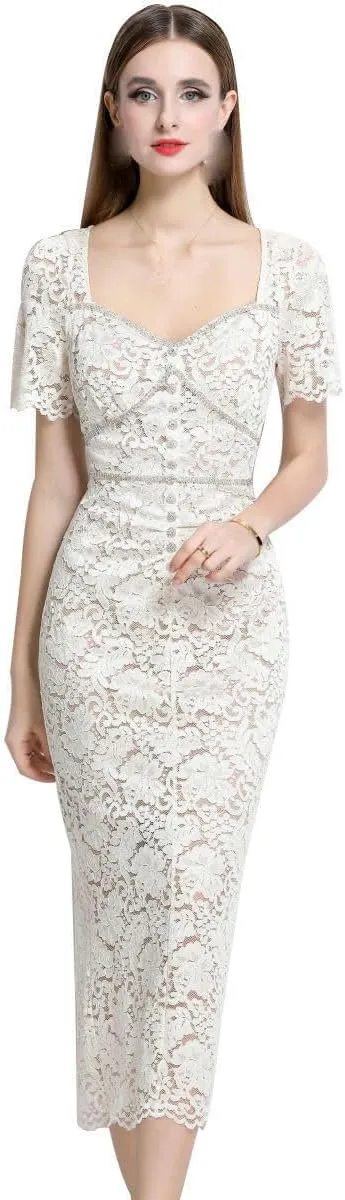 Women's French Vintage Square Neck Short-Sleeve Lace Slimming Dress with Slip