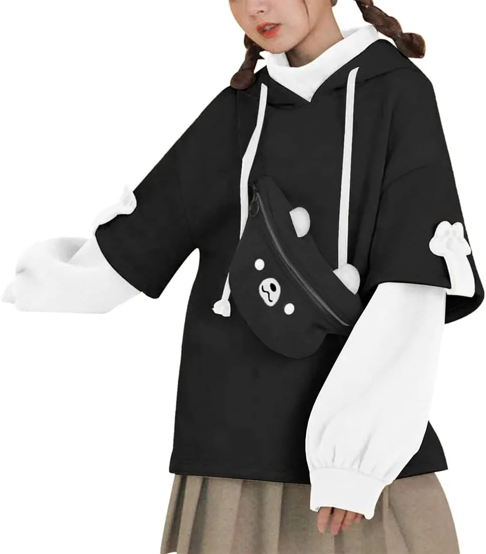 Womens Girls Brown Bear Hoodie Long Sleeve Sweatshirts Cute Pattern Print Kawaii Patchwork Shirts