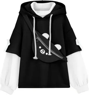 Womens Girls Brown Bear Hoodie Long Sleeve Sweatshirts Cute Pattern Print Kawaii Patchwork Shirts