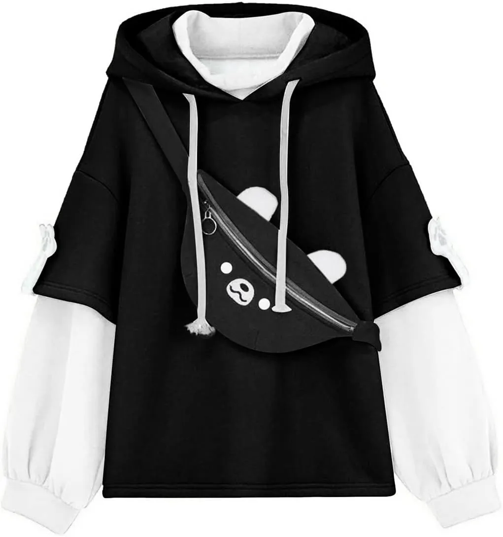 Womens Girls Brown Bear Hoodie Long Sleeve Sweatshirts Cute Pattern Print Kawaii Patchwork Shirts