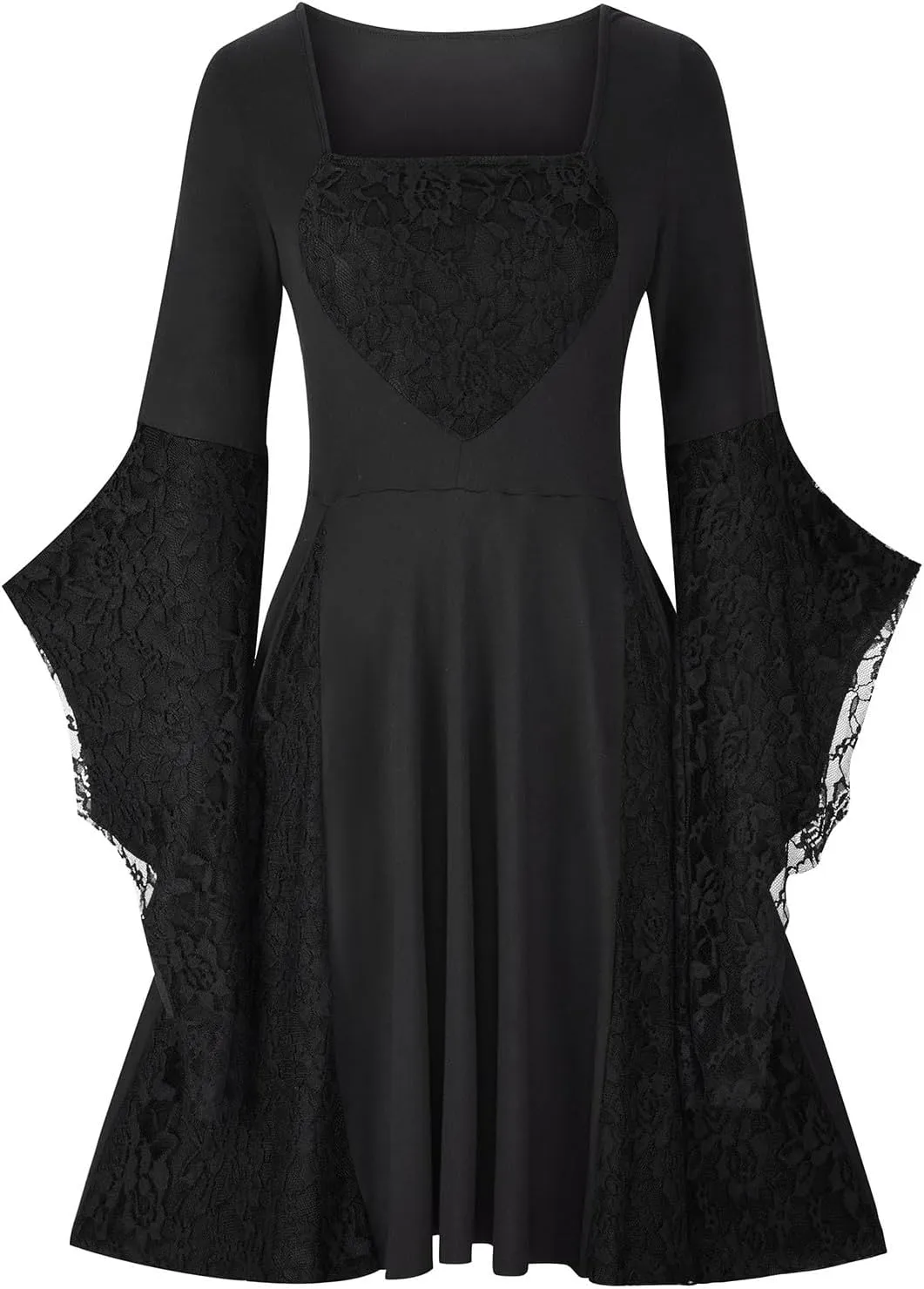 Womens Gothic Vampire Dress Flare Sleeve A Line Dress Lace Patchwork Square Neck 40s 50s Retro Halloween Party Dress