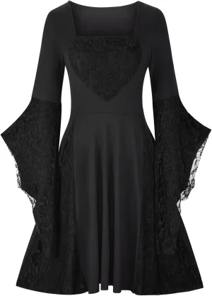 Womens Gothic Vampire Dress Flare Sleeve A Line Dress Lace Patchwork Square Neck 40s 50s Retro Halloween Party Dress