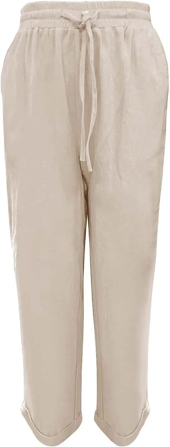 Women's High Waist Elastic Waist Lounge Pant Solid Color Cotton Linen Casual Pant Lightweight Thin Beach Trousers