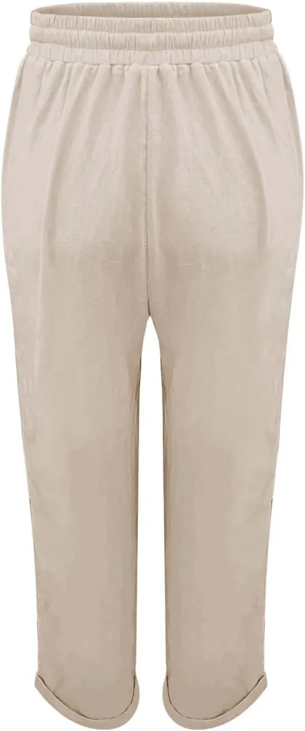 Women's High Waist Elastic Waist Lounge Pant Solid Color Cotton Linen Casual Pant Lightweight Thin Beach Trousers