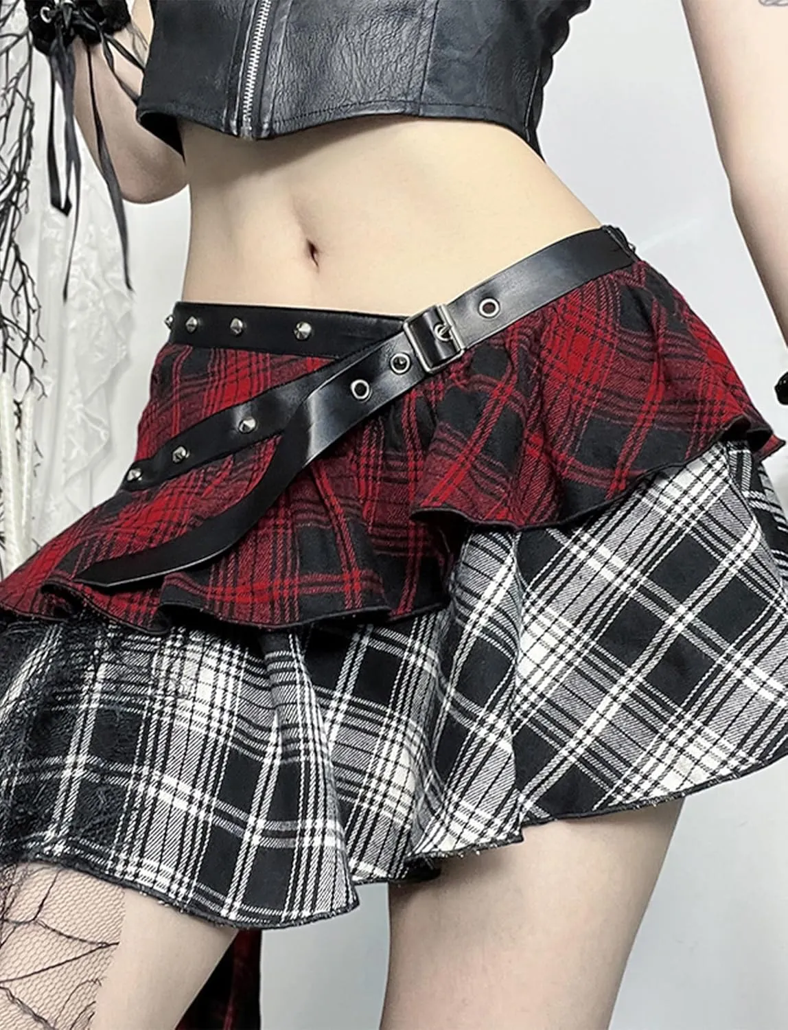 Women's High Waist Mini Skirt Gothic Punk Plaid Skirts Lace-Up Y2k Pleated Skirt