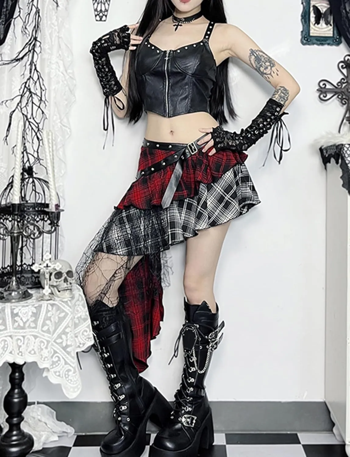 Women's High Waist Mini Skirt Gothic Punk Plaid Skirts Lace-Up Y2k Pleated Skirt