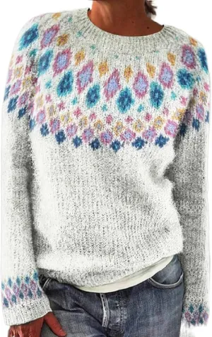 Womens Knitted Fair Isle Print Retro Sweater Long Sleeve Crewneck Sweater Ugly Christmas Fall Sweaters for Women 2024