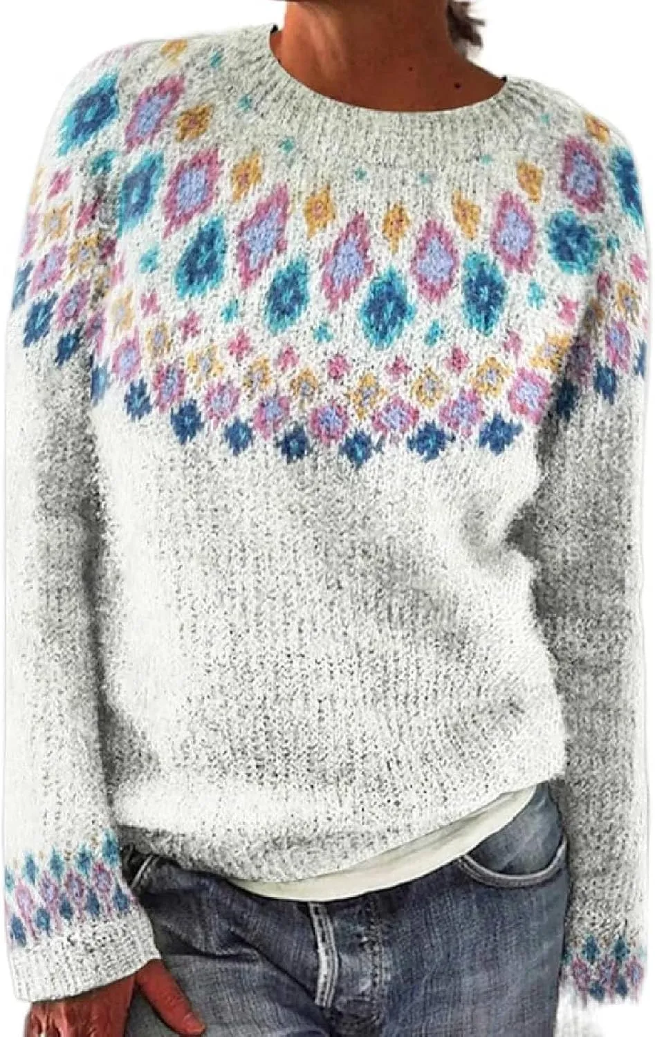 Womens Knitted Fair Isle Print Retro Sweater Long Sleeve Crewneck Sweater Ugly Christmas Fall Sweaters for Women 2024