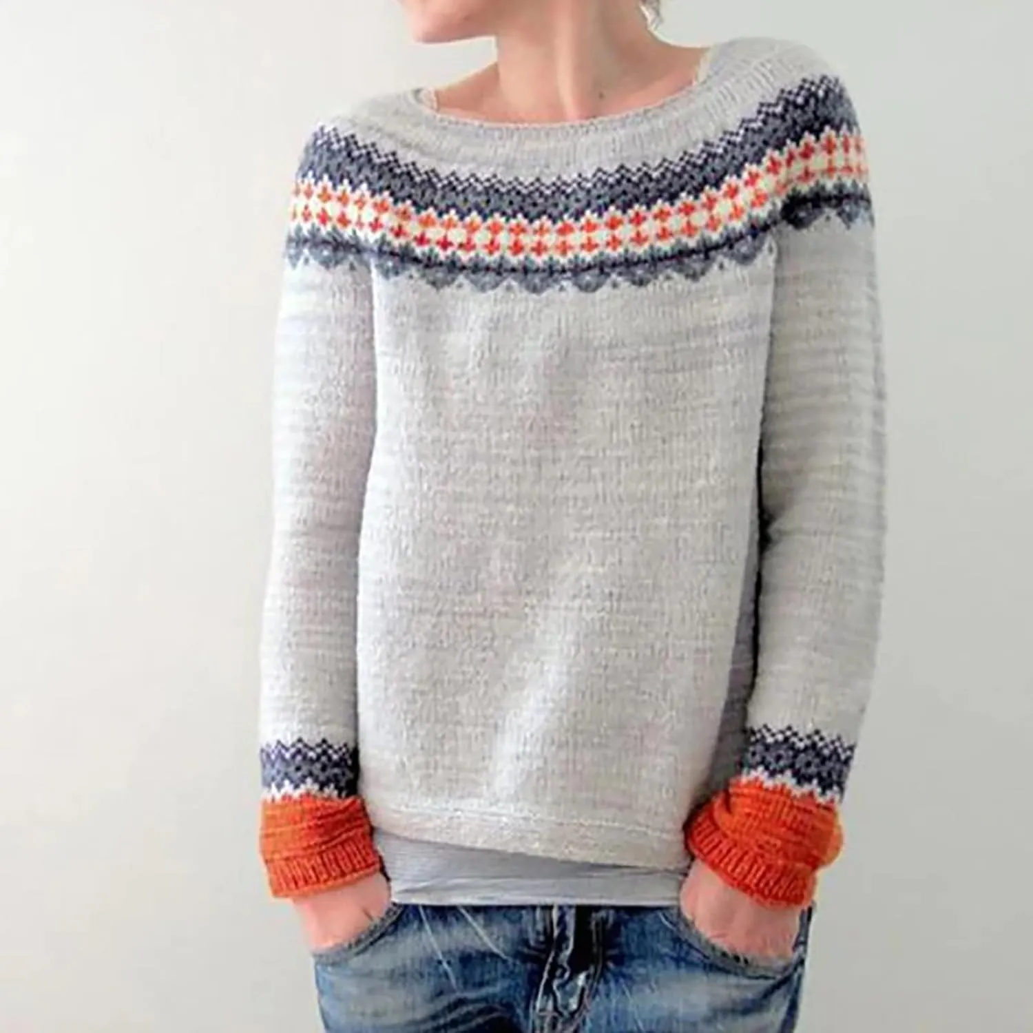 Womens Knitted Fair Isle Print Retro Sweater Long Sleeve Crewneck Sweater Ugly Christmas Fall Sweaters for Women 2024