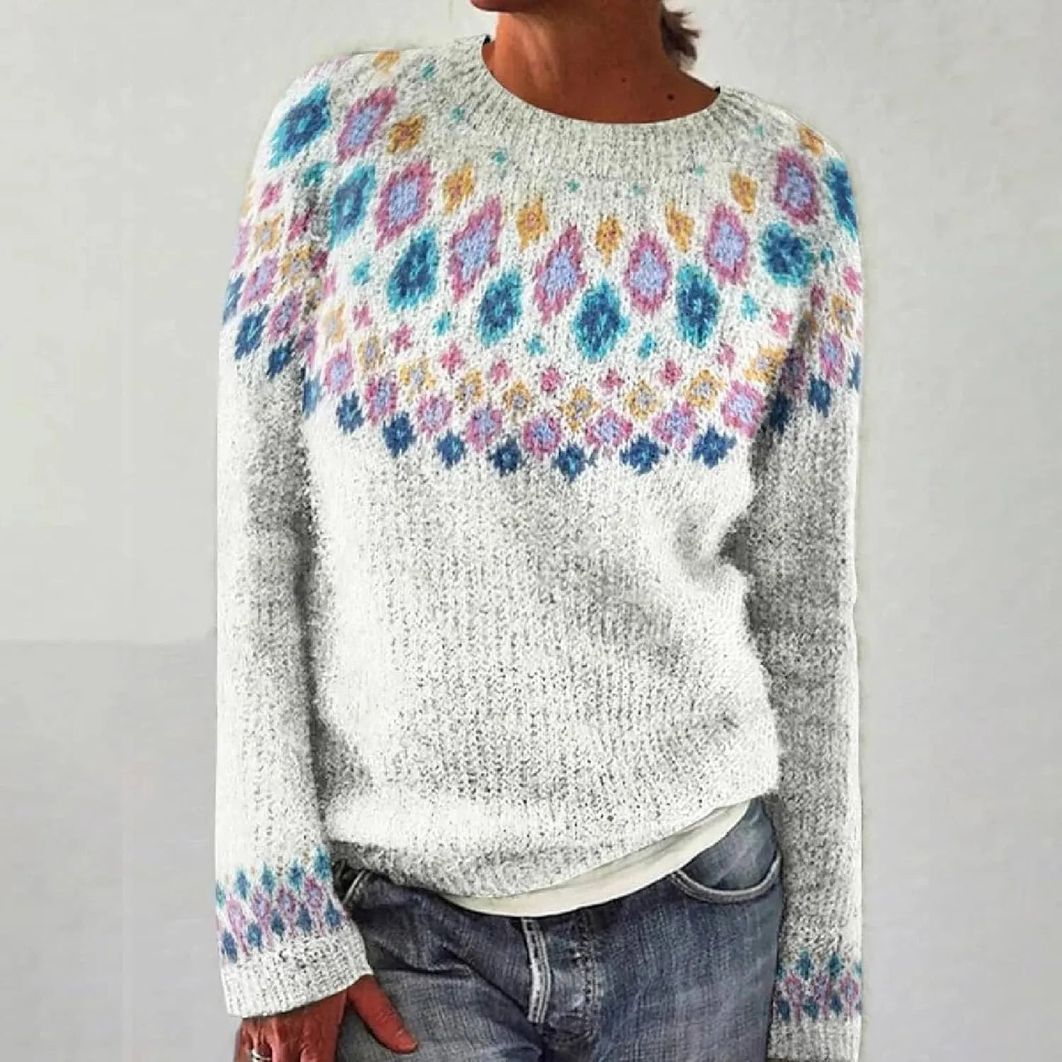 Womens Knitted Fair Isle Print Retro Sweater Long Sleeve Crewneck Sweater Ugly Christmas Fall Sweaters for Women 2024