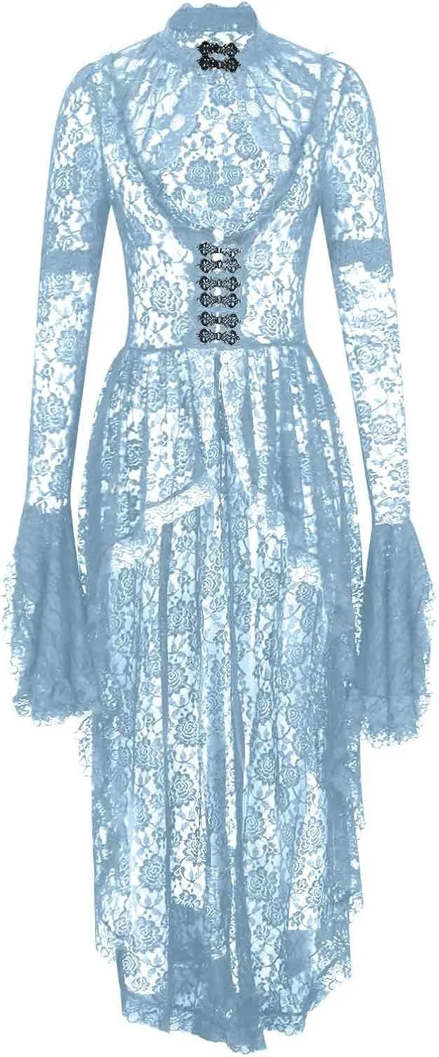 Womens Lace Splicing Dresses Vintage Trumpet Sleeve Stand Up Collar Slim Palace Dresses Gothic Court Style Dress