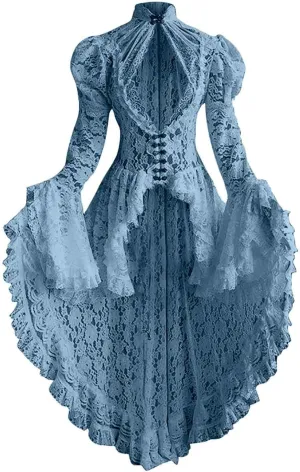 Womens Lace Splicing Dresses Vintage Trumpet Sleeve Stand Up Collar Slim Palace Dresses Gothic Court Style Dress