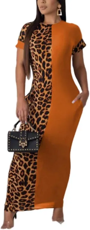 Womens Leopard Print Long Dresses - Short Sleeve Bodycon Club Midi Dress with Pockets