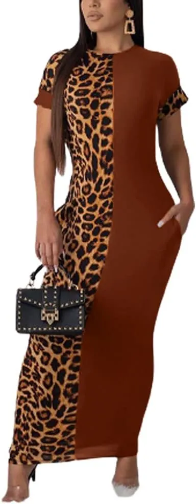 Womens Leopard Print Long Dresses - Short Sleeve Bodycon Club Midi Dress with Pockets