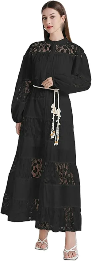 Women's Long Lace Hollowed-Out Embroidery Paneled Single-Breasted Belted Dress