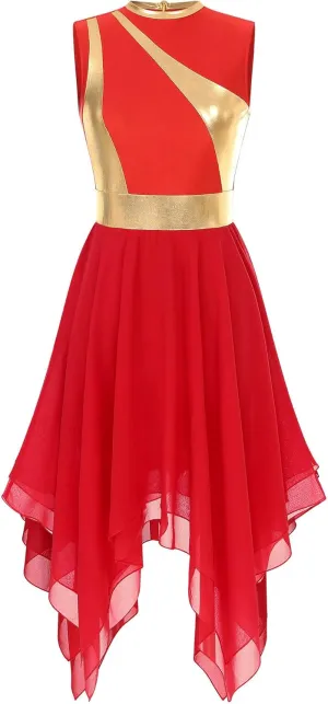 Women's Lyrical Praise Dance Dress Worship Tunic Metallic Color Block Irregular Hem Performance Costume