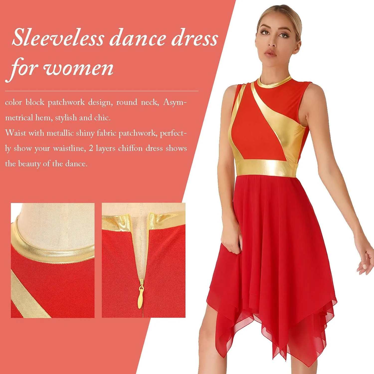 Women's Lyrical Praise Dance Dress Worship Tunic Metallic Color Block Irregular Hem Performance Costume