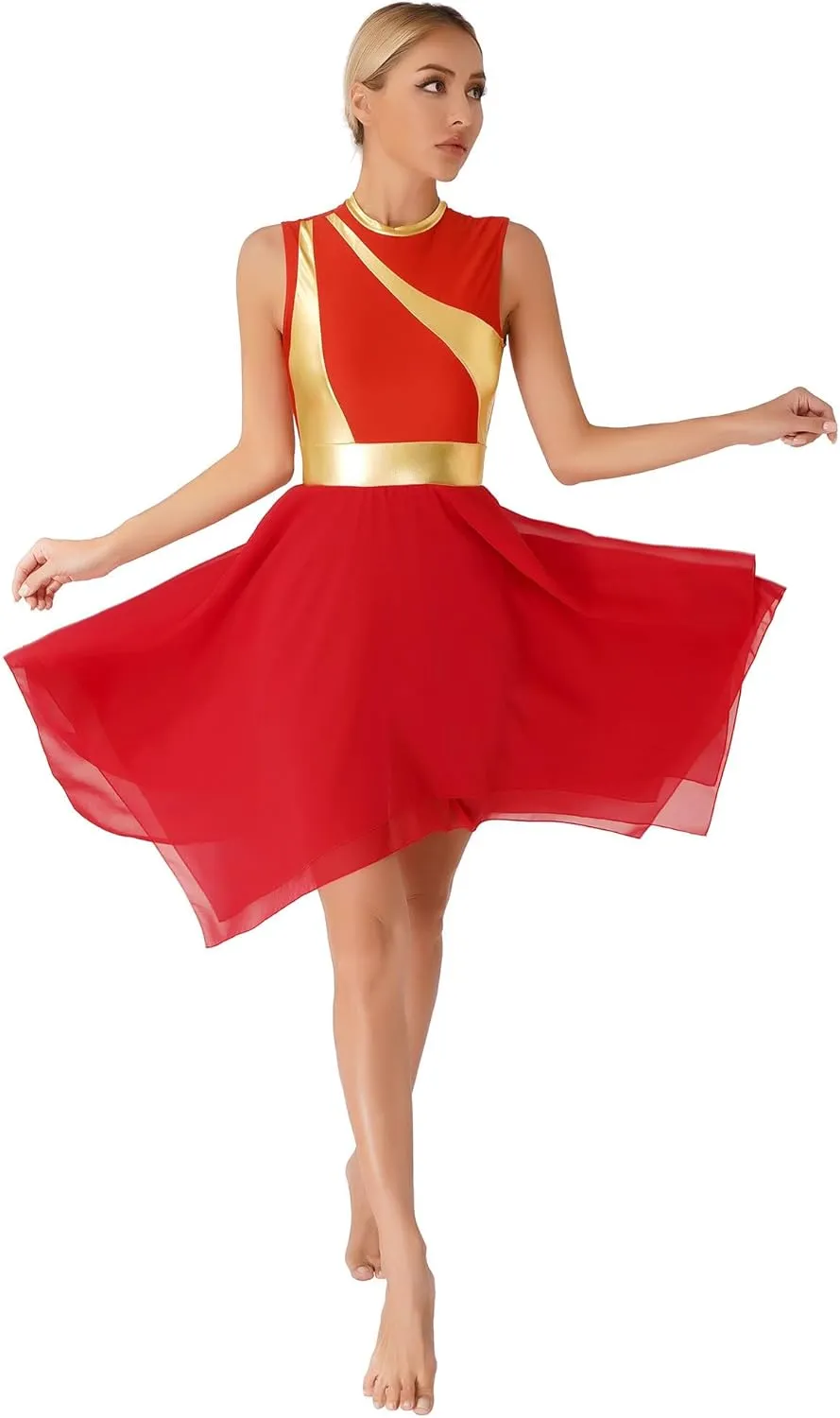 Women's Lyrical Praise Dance Dress Worship Tunic Metallic Color Block Irregular Hem Performance Costume