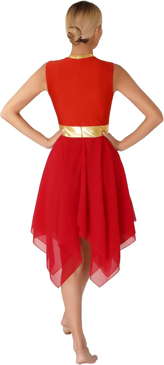Women's Lyrical Praise Dance Dress Worship Tunic Metallic Color Block Irregular Hem Performance Costume