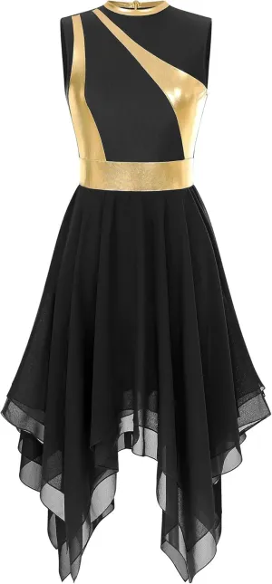 Women's Lyrical Praise Dance Dress Worship Tunic Metallic Color Block Irregular Hem Performance Costume