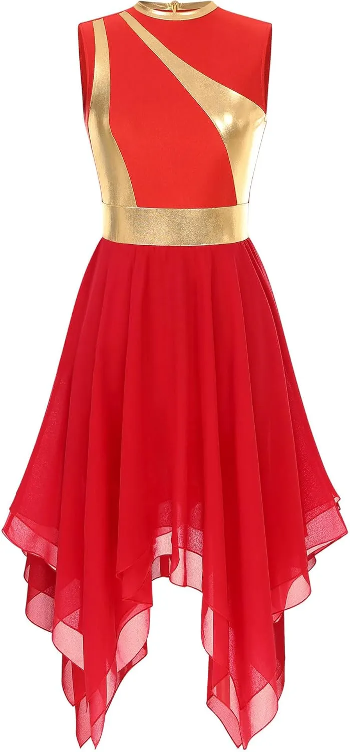 Women's Lyrical Praise Dance Dress Worship Tunic Metallic Color Block Irregular Hem Performance Costume